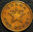 1 пенни 1958 Гана. Монета продается в единственном экземпляре, изображенном на фото.
