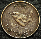 1 фартинг 1939 Великобритания. Птица крапивник. F-XF. На фото образец.