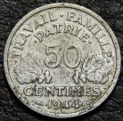 50 сантимов 1944 C Франция. Монета продается в единственном экземпляре, изображенном на фото.