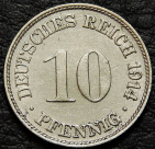 10 пфеннигов 1914 F Германия. Монета продается в единственном экземпляре, изображенном на фото.