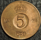 5 эре 1970 Швеция. Монета продается в единственном экземпляре, изображенном на фото.
