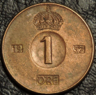 1 эре 1957 Швеция. F-XF. На фото образец.