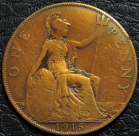 1 пенни 1915 Великобритания. Монета продается в единственном экземпляре, изображенном на фото.