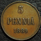 5 пенни 1889 Русская Финляндия. Александр III. Монета продается в единственном экземпляре, изображенном на фото.