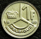1 франк 1989 Бельгия 'BELGIQUE'. Монета продается в единственном экземпляре, изображенном на фото.