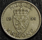 1 крона 1954 Норвегия. F-VF. На фото образец.