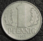 1 пфенниг 1963 ГДР Германия. Монета продается в единственном экземпляре, изображенном на фото.
