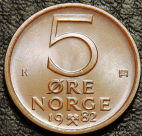 5 эре 1982 Норвегия. Монета продается в единственном экземпляре, изображенном на фото.