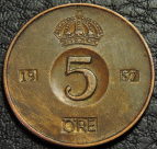 5 эре 1957 Швеция. Монета продается в единственном экземпляре, изображенном на фото.