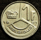 1 франк 1991 Бельгия BELGIQUE. VF-XF (состояние монет от хорошего до отличного). На фото образец.