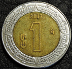 1 песо 2013 Мексика. Монета продается в единственном экземпляре, изображенном на фото.