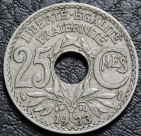 25 сантимов 1933 Франция. Монета продается в единственном экземпляре, изображенном на фото.