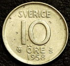 10 эре 1958 Швеция. Серебро. VF-XF (состояние монет от хорошего до отличного). На фото образец.