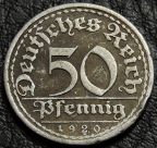 50 пфеннигов 1920 A Германия. Монета продается в единственном экземпляре, изображенном на фото.