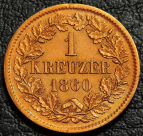 1 крейцер 1860 Баден. Монета продается в единственном экземпляре, изображенном на фото.
