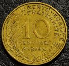 10 сантимов 1974 Франция. Монета продается в единственном экземпляре, изображенном на фото.