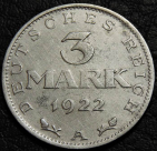 3 марки 1922 A Германия. Монета продается в единственном экземпляре, изображенном на фото.