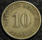 10 пфеннигов 1901 A Германия. Монета продается в единственном экземпляре, изображенном на фото.
