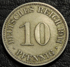 10 пфеннигов 1911 A Германия. Монета продается в единственном экземпляре, изображенном на фото.