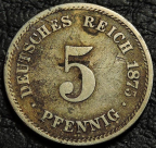 5 пфеннигов 1875 A Германия. Монета продается в единственном экземпляре, изображенном на фото.