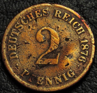 2 пфеннига 1876 Германия. Монета продается в единственном экземпляре, изображенном на фото.