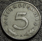 5 рейхспфеннигов 1942 A Германия. Монета продается в единственном экземпляре, изображенном на фото.
