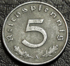 5 рейхспфеннигов 1940 A Германия. Монета продается в единственном экземпляре, изображенном на фото.