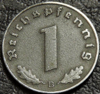 1 рейхспфенниг 1944 B Германия. Монета продается в единственном экземпляре, изображенном на фото.