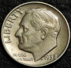 10 центов 1952 D США. Серебро. Монета продается в единственном экземпляре, изображенном на фото.