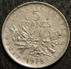5 франков 1978 Франция. F-XF. На фото образец.