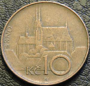 10 крон 1993 Чехия. Монеты из обращения. На фото образец.