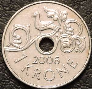 1 крона 2006 Норвегия. VF-XF. На фото образец.