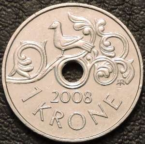 1 крона 2008 Норвегия. VF-XF. На фото образец.
