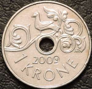 1 крона 2009 Норвегия. VF-XF. На фото образец.