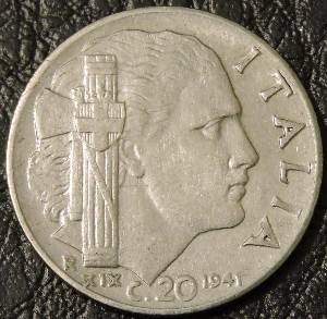 20 чентезимо 1941 Италия. F-XF. На фото образец.