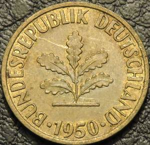 10 пфеннигов 1950 J ФРГ. Монеты из обращения. На фото образец.