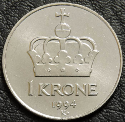 1 крона 1994 Норвегия. Монета продается в единственном экземпляре, изображенном на фото.