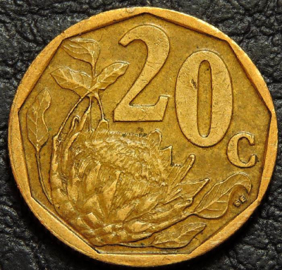 20 центов 2004 ЮАР. Монета продается в единственном экземпляре, изображенном на фото.