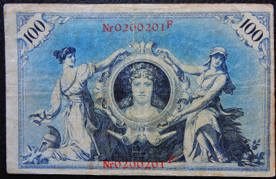 100 марок 1908 Германия P33. Банкнота продается в единственном экземпляре, изображенном на фото.
