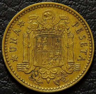 1 песета 1966 (случайный год с 67 по 75) Испания. VF-XF (состояние монет от хорошего до отличного). На фото образец.