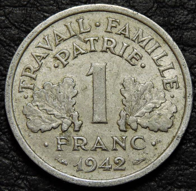 1 франк 1942 Франция. VF-XF. На фото образец.