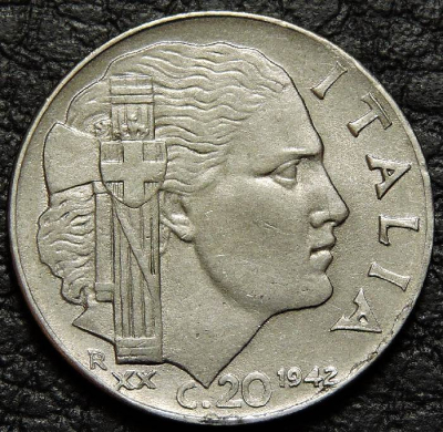 20 чентезимо 1942 Италия. Рубчатый гурт. Монета продается в единственном экземпляре, изображенном на фото.