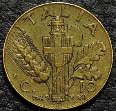 10 чентезимо 1943 Италия. Монета продается в единственном экземпляре, изображенном на фото.