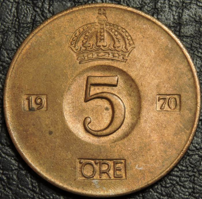 5 эре 1970 Швеция. Монета продается в единственном экземпляре, изображенном на фото.