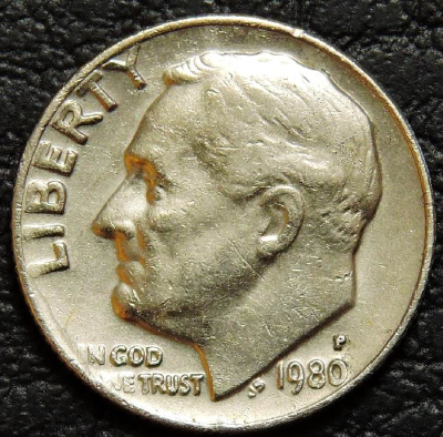 10 центов 1980 P США. Монета продается в единственном экземпляре, изображенном на фото.