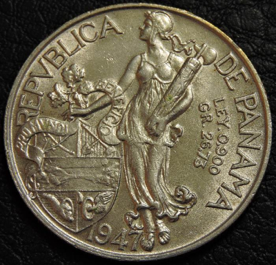 1 бальбоа 1947 Панама. Серебро. Монета продается в единственном экземпляре, изображенном на фото.