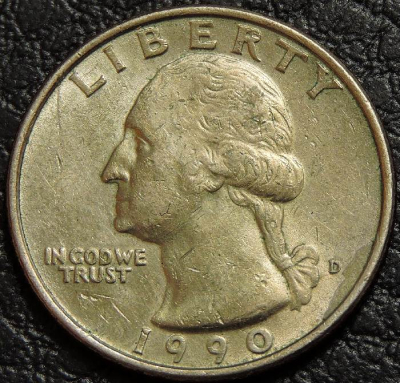 25 центов 1990 D США. Монета продается в единственном экземпляре, изображенном на фото.