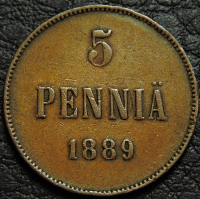 5 пенни 1889 Русская Финляндия. Александр III. Монета продается в единственном экземпляре, изображенном на фото.