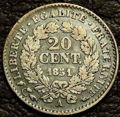 20 сантимов 1851 Франция. Серебро. Монета продается в единственном экземпляре, изображенном на фото.