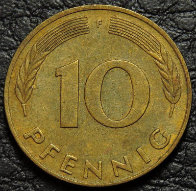 10 пфеннигов 1990 F Германия ФРГ. Монета продается в единственном экземпляре, изображенном на фото.